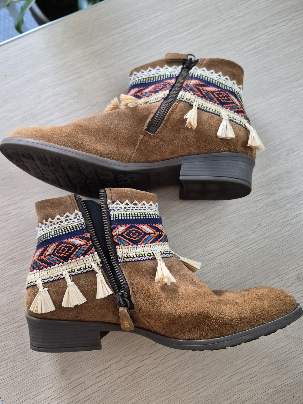Boho Desigual Suede Ankle Boots with Embroidered Tribal Trim and Tassels